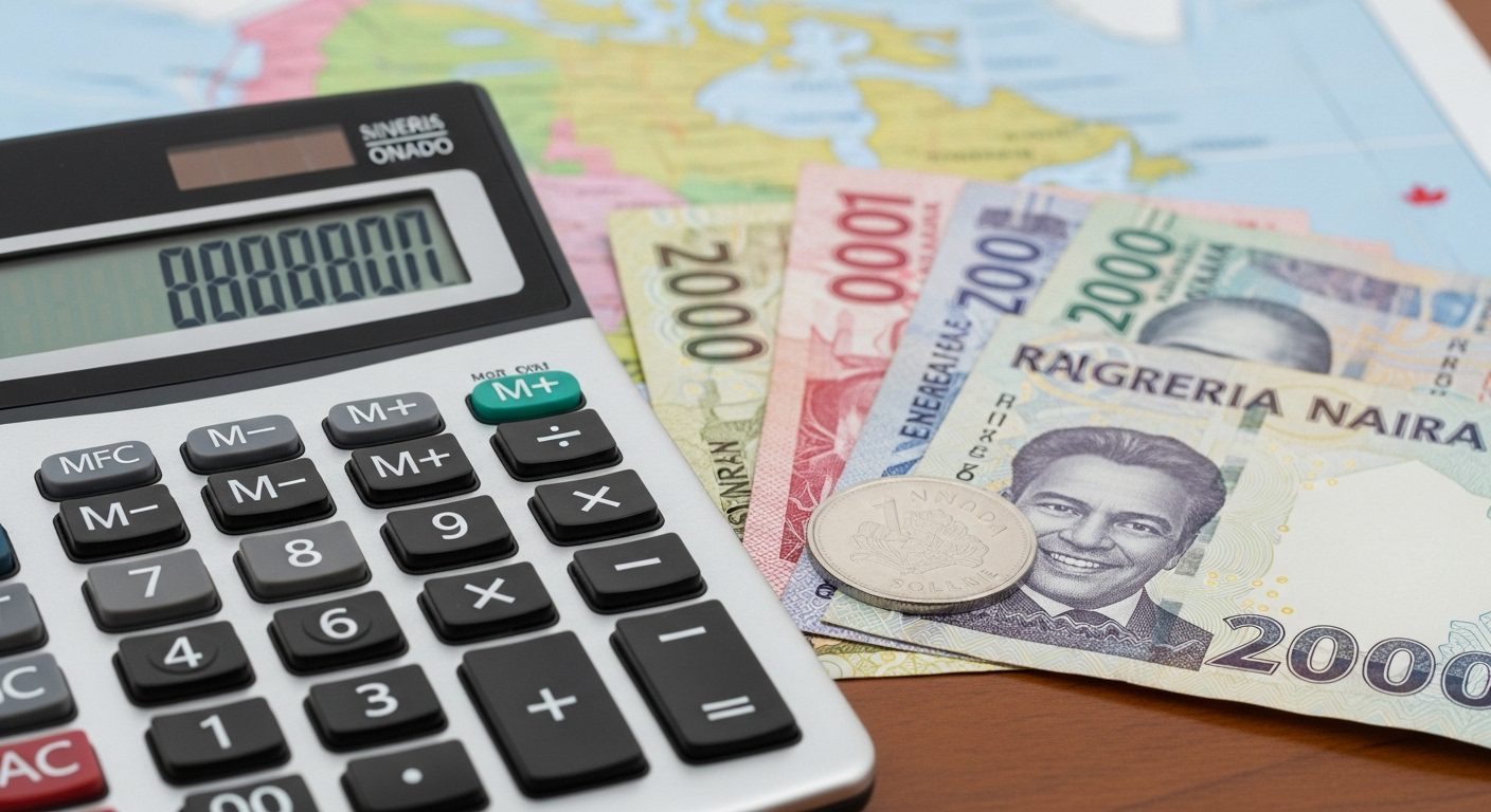 A photorealistic close-up shot of a calculator with Nigerian Naira notes and a Canadian dollar coin next to it. The background is slightly blurred, showing a map of Canada. This image visually represents the concept of converting currency for proof of funds.