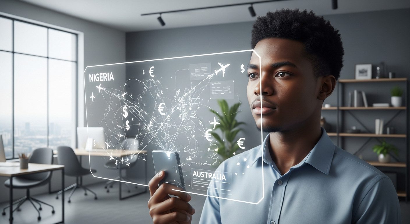 A photorealistic image showing a hopeful young Nigerian student looking at a transparent screen displaying flight paths from Nigeria to Canada, the UK, and Australia. The background is a clean, modern office setting. The student has a thoughtful expression, and currency symbols ($, £, €) are subtly integrated into the flight path graphics, representing the financial aspect of their journey.