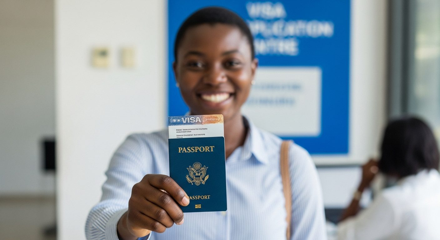 A photorealistic image capturing the moment a Nigerian student receives their visa-stamped passport back at a visa application center. The student is beaming with joy and relief. The focus is tight on their happy face and the passport in their hand. The background is blurred, emphasizing the personal victory and the successful outcome of their application process.