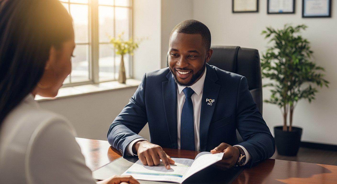 A photorealistic image of a friendly, professional Nigerian consultant (representing POF NG) reassuringly explaining a document to a hopeful client. The document is a bank statement. The setting is a modern, bright office. The mood is supportive and trustworthy, illustrating how a service can help with the POF process.